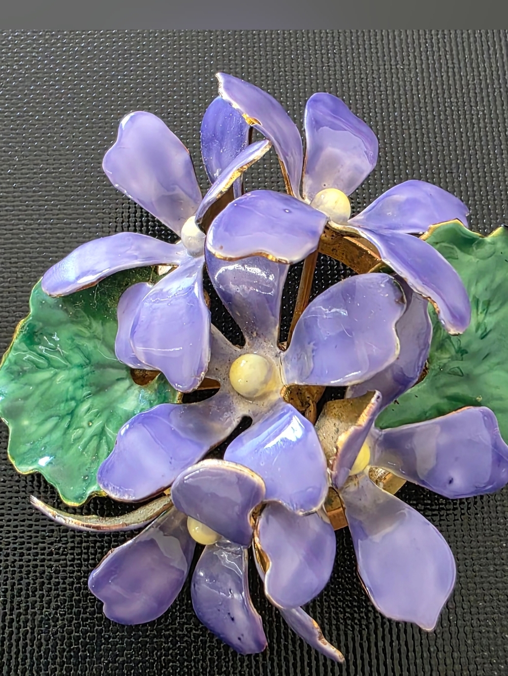 Vintage 3D Sandor Suffragette Purple Pansy Enamel Flower Bouquet Brooch Pin 2.25